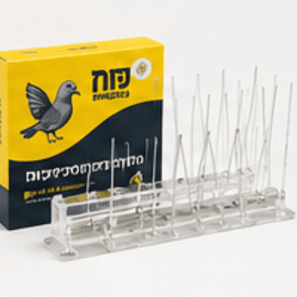 אדן חלון עם דוקרנים נגד יונים שהותקנו זה עתה, לצד כפפות עבודה, דבק ייעודי ומטר מתקפל