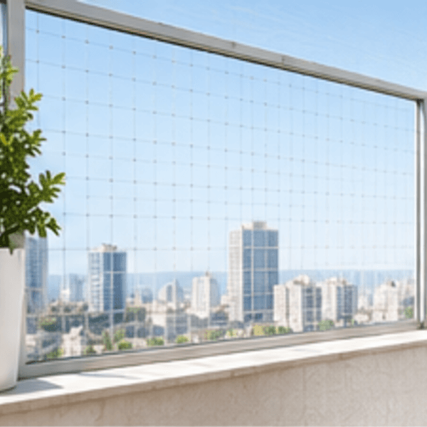 חלון בבניין מגורים עם נישה חיצונית סגורה ברשת שקופה נגד יונים, ומאחוריה תריס פתוח למחצה
